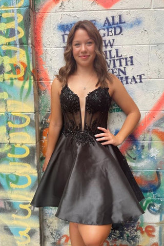 V Neck Beaded Black Lace Prom Dress, Short Black Lace Homecoming Dress, Black Formal Graduation Evening Dress A1944