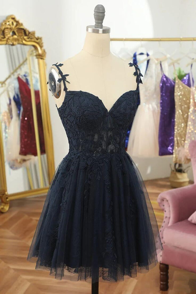 Sweetheart Neck Navy Blue Lace Homecoming Dresses Beaded Short Prom Dress  ARD1588