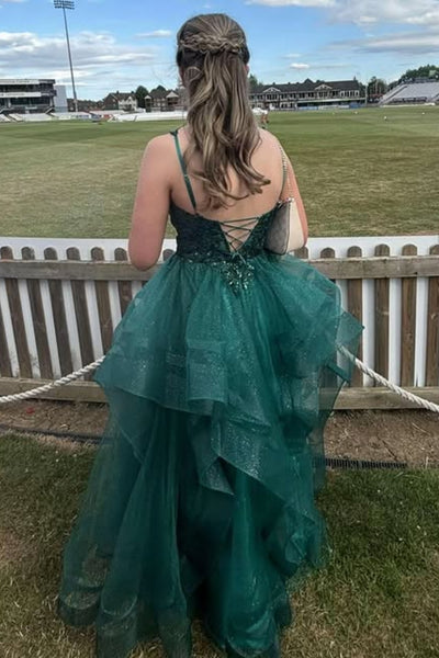 V Neck Fluffy Green Lace Long Prom Dress, Green Lace Formal Dress, Green Tulle Evening Dress A2548