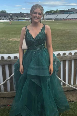 V Neck Fluffy Green Lace Long Prom Dress, Green Lace Formal Dress, Green Tulle Evening Dress A2548