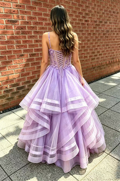 V Neck Fluffy Lilac Lace Long Prom Dress, Lilac Lace Formal Dress, Lilac Tulle Evening Dress A2620