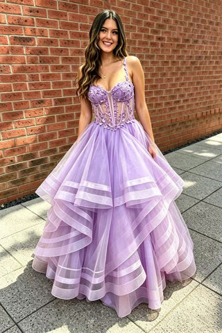 V Neck Fluffy Lilac Lace Long Prom Dress, Lilac Lace Formal Dress, Lilac Tulle Evening Dress A2620