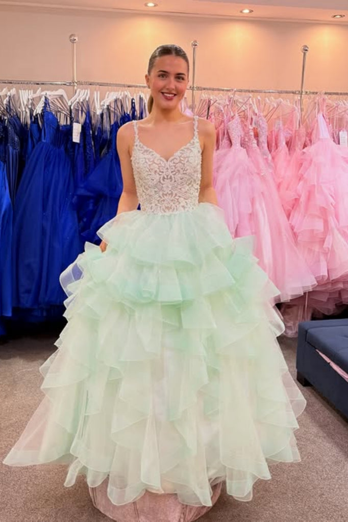 V Neck Fluffy Mint Green Tulle Lace Long Prom Dress, Mint Green Lace Formal Evening Dress A2557