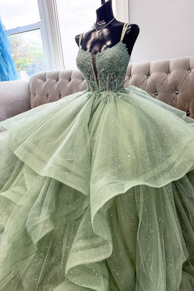 V Neck Fluffy Sage Lace Long Prom Dress, Sage Lace Formal Evening Dress, Sage Tulle Ball Gown A2272