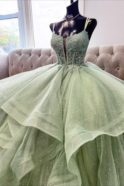 V Neck Fluffy Sage Lace Long Prom Dress, Sage Lace Formal Evening Dress, Sage Tulle Ball Gown A2272