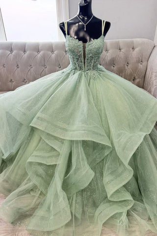 V Neck Fluffy Sage Lace Long Prom Dress, Sage Lace Formal Evening Dress, Sage Tulle Ball Gown A2272