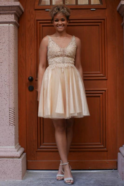 V Neck Gold Lace Short Prom Dress, Gold Lace Homecoming Dress, Short Gold Formal Evening Dress WT1975