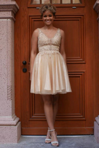 V Neck Gold Lace Short Prom Dress, Gold Lace Homecoming Dress, Short Gold Formal Evening Dress WT1975