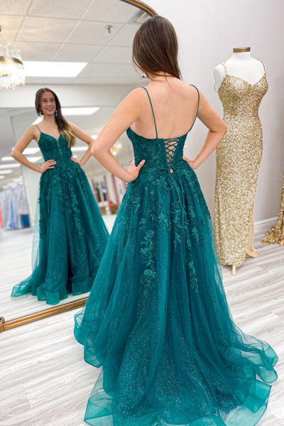 V Neck Green Lace Long Prom Dress,V Neck Green Formal Dress, Green Lace Evening Dress A1936