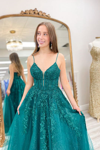 V Neck Green Lace Long Prom Dress,V Neck Green Formal Dress, Green Lace Evening Dress A1936