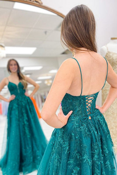 V Neck Green Lace Long Prom Dress,V Neck Green Formal Dress, Green Lace Evening Dress A1936