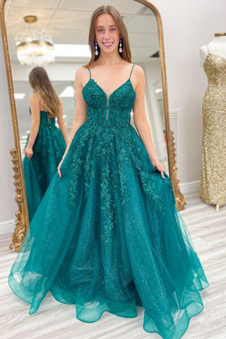 V Neck Green Lace Long Prom Dress,V Neck Green Formal Dress, Green Lace Evening Dress A1936