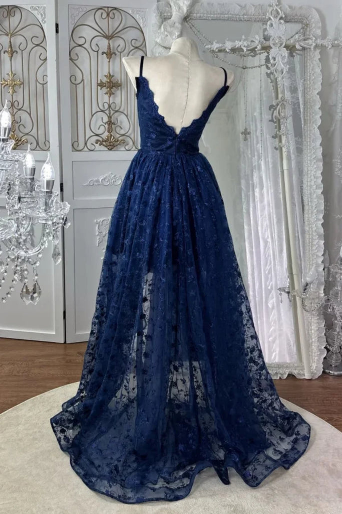 V Neck High Low Navy Blue Lace Long Prom Dress, High Low Navy Blue For abcprom V Neck High Low Navy Blue Lace Long Prom Dress, High Low Navy Blue For abcprom
