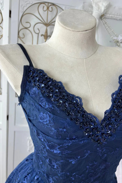 V Neck High Low Navy Blue Lace Long Prom Dress, High Low Navy Blue Formal Dress, Navy Blue Lace Evening Dress A2528