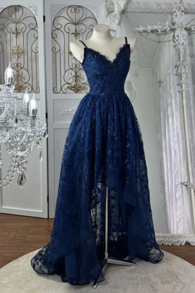 V Neck High Low Navy Blue Lace Long Prom Dress, High Low Navy Blue Formal Dress, Navy Blue Lace Evening Dress A2528
