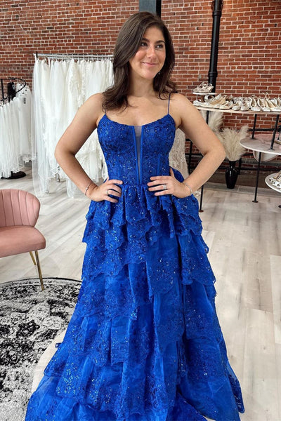 V Neck Layered Blue Lace Long Prom Dress, Blue Lace Formal Dress, Long Blue Evening Dress A1994