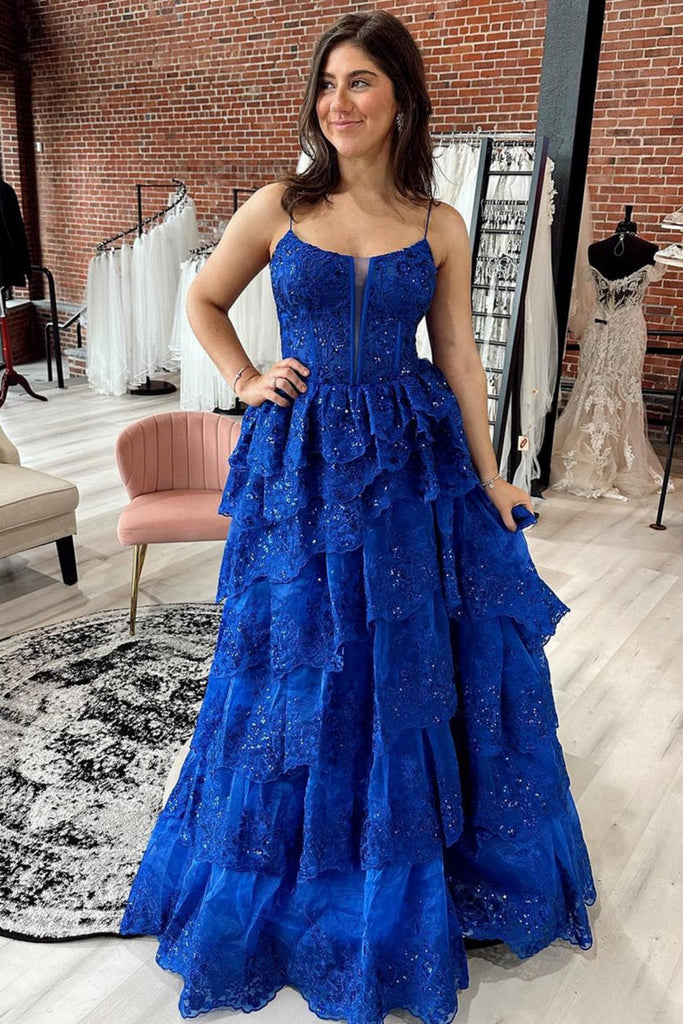 V Neck Layered Blue Lace Long Prom Dress, Blue Lace Formal Dress, Long