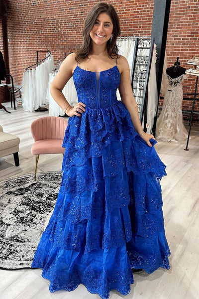 V Neck Layered Blue Lace Long Prom Dress, Blue Lace Formal Dress, Long Blue Evening Dress A1994
