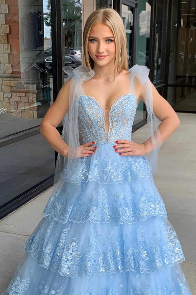 V Neck Layered Light Blue Lace Long Prom Dress, Light Blue Lace Formal Evening Dress, Light Blue Ball Gown A2032