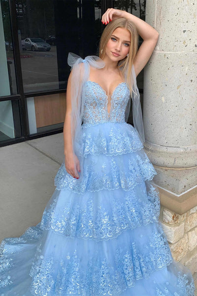 V Neck Layered Light Blue Lace Long Prom Dress, Light Blue Lace Formal Evening Dress, Light Blue Ball Gown A2032