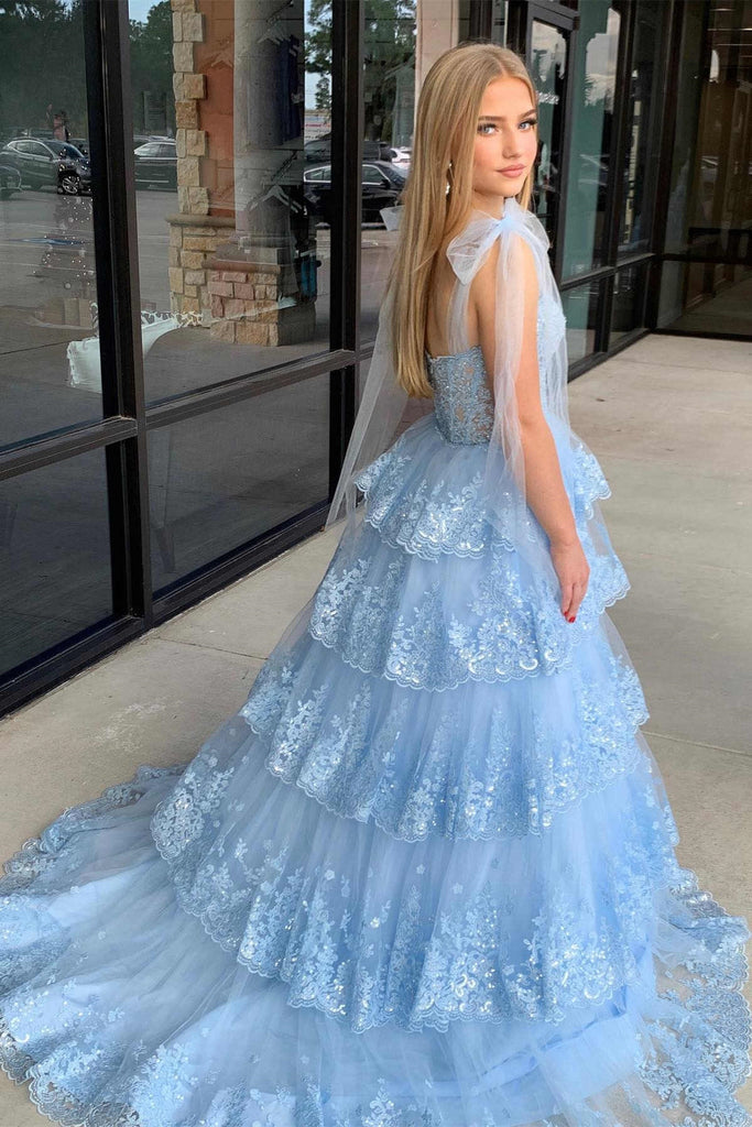 V Neck Layered Light Blue Lace Long Prom Dress, Light Blue Lace Formal