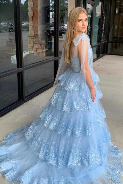 V Neck Layered Light Blue Lace Long Prom Dress, Light Blue Lace Formal Evening Dress, Light Blue Ball Gown A2032