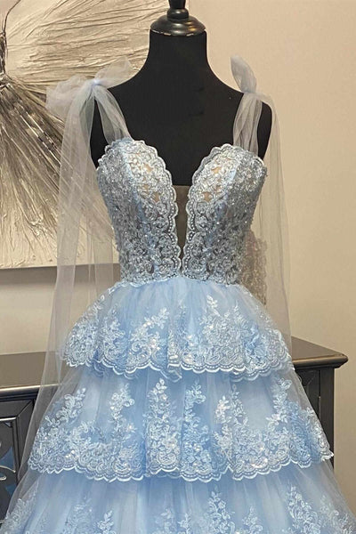 V Neck Layered Light Blue Lace Long Prom Dress, Light Blue Lace Formal Evening Dress, Light Blue Ball Gown A2032