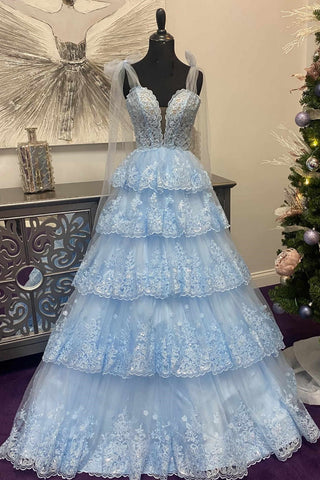 V Neck Layered Light Blue Lace Long Prom Dress, Light Blue Lace Formal Evening Dress, Light Blue Ball Gown A2032