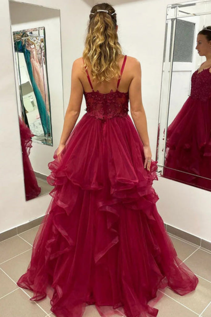 V Neck Layered Maroon Lace Long Prom Dress, Beaded Burgundy Lace Forma abcprom V Neck Layered Maroon Lace Long Prom Dress, Beaded Burgundy Lace Forma abcprom