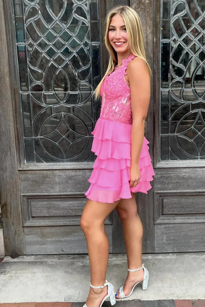 V Neck Layered Pink/Black Lace Short Prom Dress, Pink/Black Lace Homecoming Dress, Pink/Black Formal Graduation Evening Dress A2426