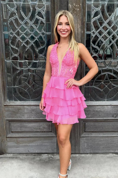 V Neck Layered Pink/Black Lace Short Prom Dress, Pink/Black Lace Homecoming Dress, Pink/Black Formal Graduation Evening Dress A2426