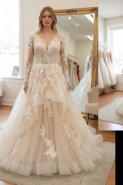 V Neck Long Sleeves White Lace Wedding Dress, White Lace Long Prom Dress, White Formal Evening Dress A2583