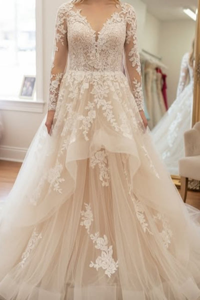 V Neck Long Sleeves White Lace Wedding Dress, White Lace Long Prom Dress, White Formal Evening Dress A2583