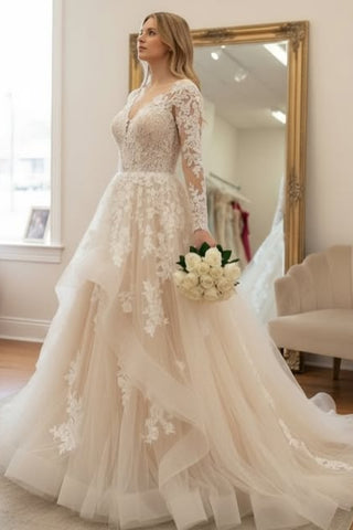 V Neck Long Sleeves White Lace Wedding Dress, White Lace Long Prom Dress, White Formal Evening Dress A2583