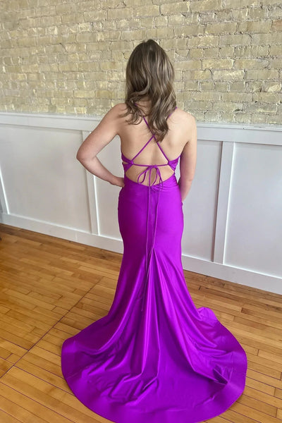V Neck Mermaid Backless Purple Satin Long Prom Dress with High Slit, Mermaid Purple Formal Dress, Purple Evening Dress