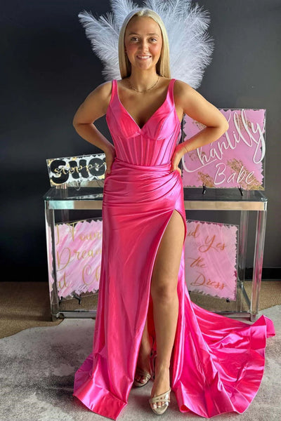 V Neck Mermaid Black/Hot Pink/Purple Long Prom Dress with High Slit, Black/Hot Pink/Purple Formal Graduation Evening Dress A2015