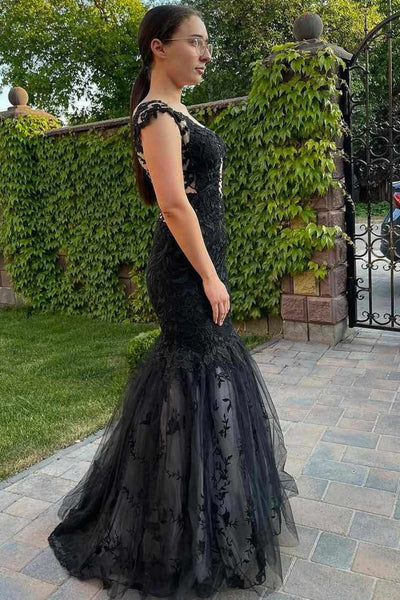 V Neck Mermaid Black Lace Long Prom Dress, Mermaid Black Formal Dress, Black Lace Evening Dress A2441