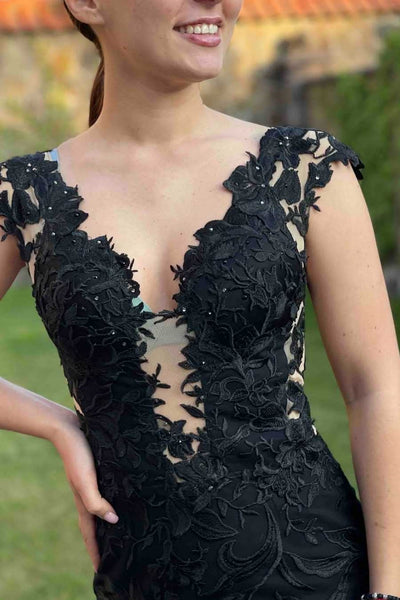 V Neck Mermaid Black Lace Long Prom Dress, Mermaid Black Formal Dress, Black Lace Evening Dress A2441