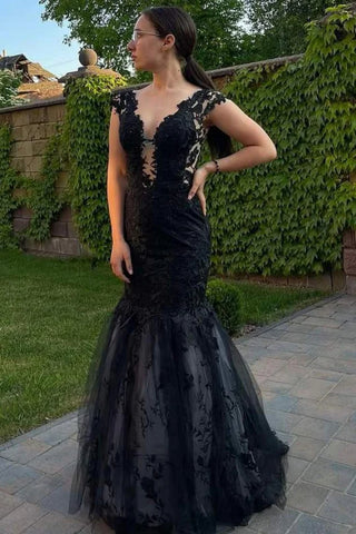 V Neck Mermaid Black Lace Long Prom Dress, Mermaid Black Formal Dress, Black Lace Evening Dress A2441