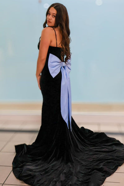V Neck Mermaid Black Velvet Long Prom Dress with Train, Mermaid Black Formal Dress, Black Evening Dress A2526