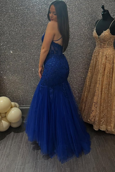 V Neck Mermaid Blue Lace Long Prom Dress, Mermaid Blue Formal Dress, Blue Lace Evening Dress A2498