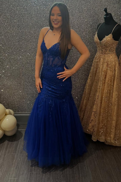 V Neck Mermaid Blue Lace Long Prom Dress, Mermaid Blue Formal Dress, Blue Lace Evening Dress A2498