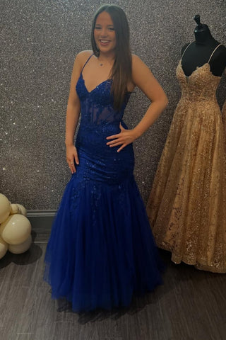 V Neck Mermaid Blue Lace Long Prom Dress, Mermaid Blue Formal Dress, Blue Lace Evening Dress A2498