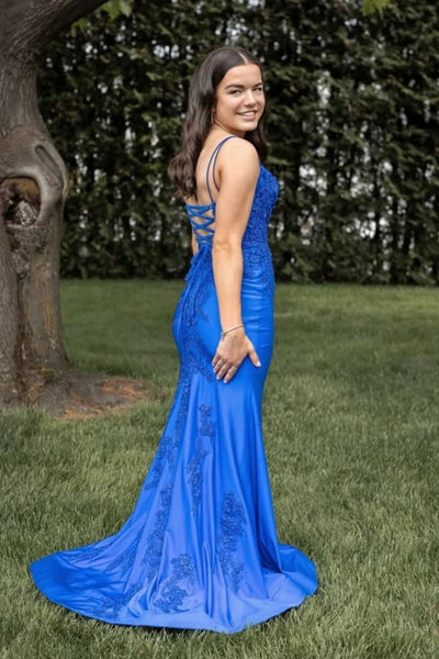 V Neck Mermaid Blue Lace Long Prom Dress with Slit, Mermaid Blue Formal Dress, Blue Lace Evening Dress A2345