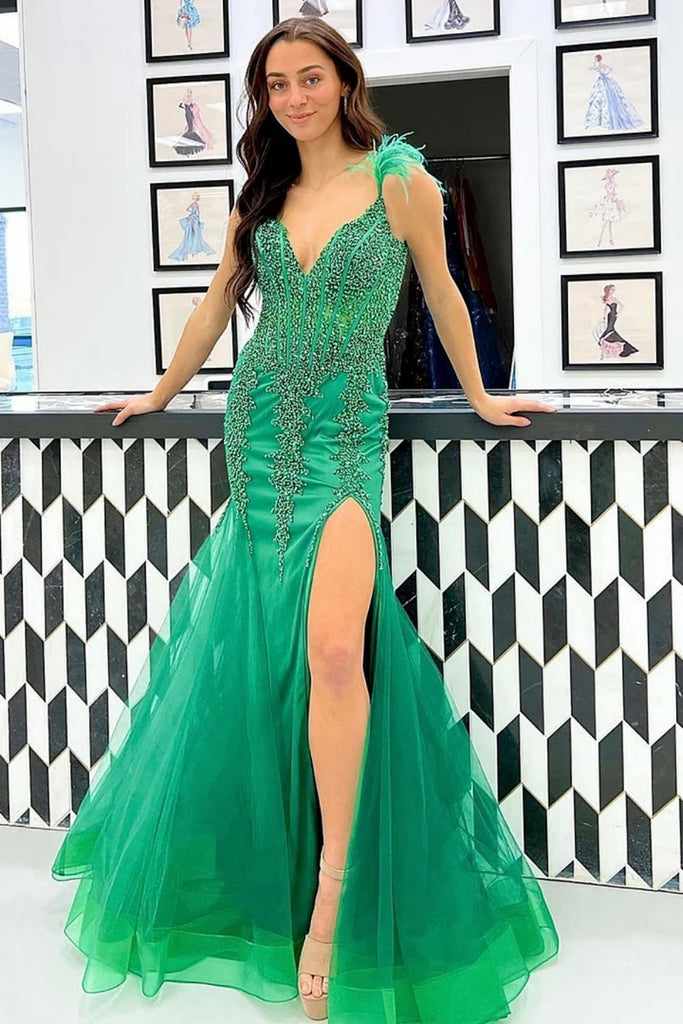 V Neck Mermaid Green Lace Long Prom Dress with High Slit, Mermaid Green Formal Dress, Green Lace Evening Dress A1992