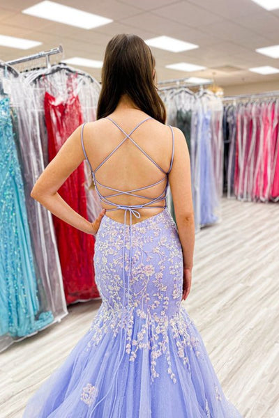 V Neck Mermaid Lilac Lace Long Prom Dress, Mermaid Lilac Formal Dress, Lilac Lace Evening Dress A1940