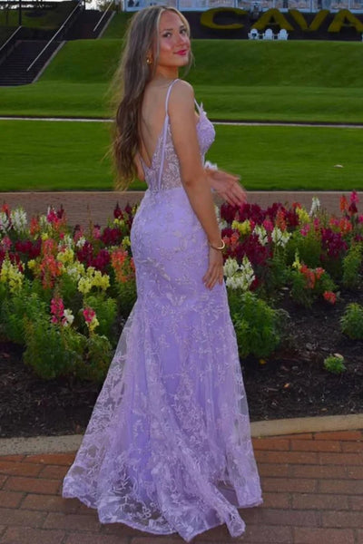 V Neck Mermaid Lilac Lace Long Prom Dress, Mermaid Lilac Formal Dress, Lilac Lace Evening Dress A2419