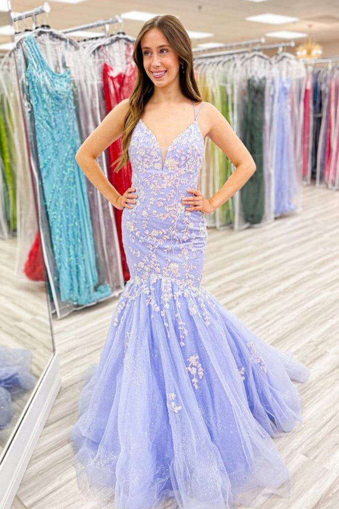 V Neck Mermaid Lilac Lace Long Prom Dress, Mermaid Lilac Formal Dress, –  abcprom