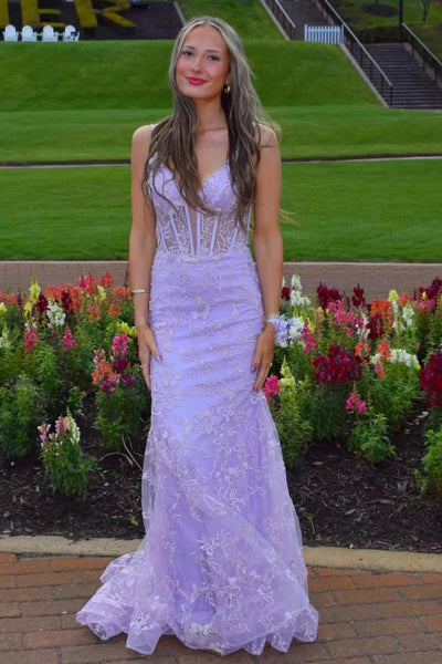 V Neck Mermaid Lilac Lace Long Prom Dress, Mermaid Lilac Formal Dress, Lilac Lace Evening Dress A2419