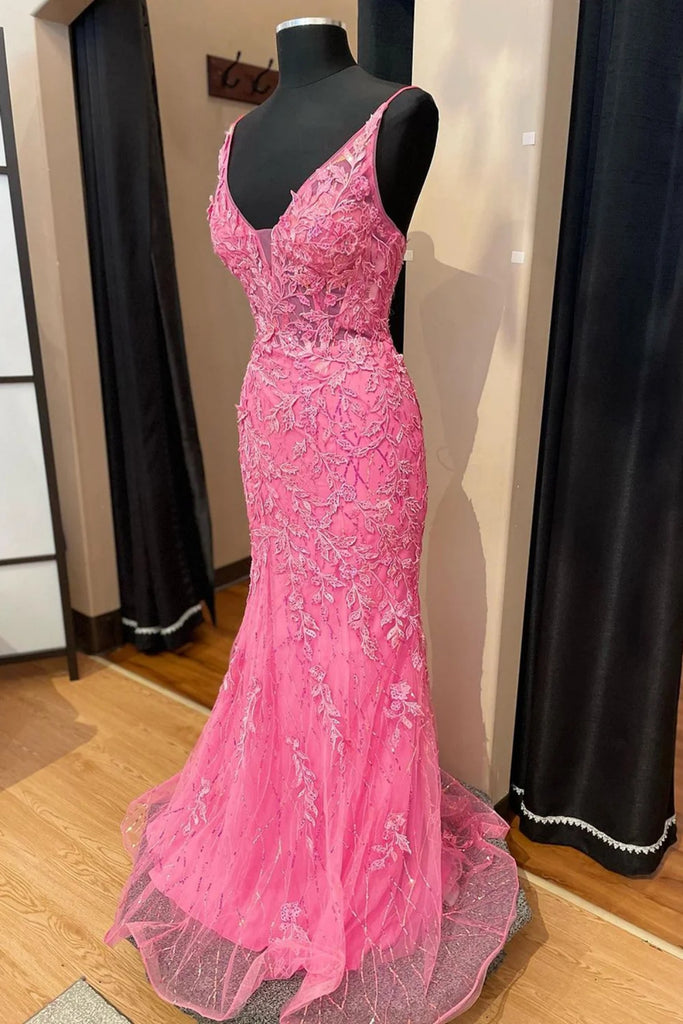 Lace Hot Pink Prom Dresses 2024 Mermaid V Neck Long Formal Dress –  MyChicDress